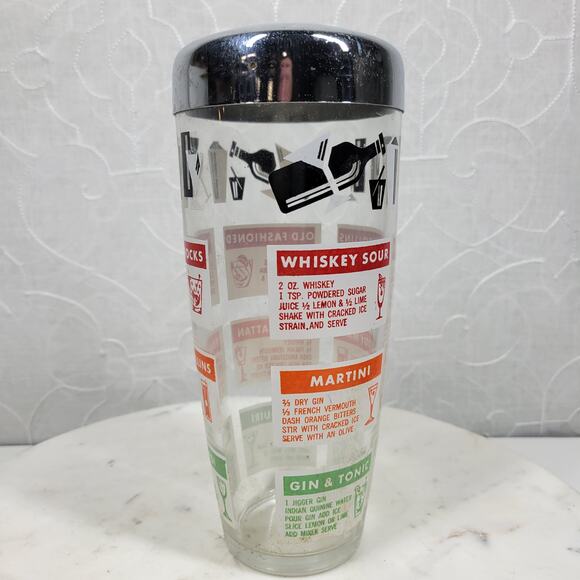 Vintage MCM Glass Cocktail Recipe Shaker 9" Silver Clear Liquor Drink Mixer - Picture 8 of 14